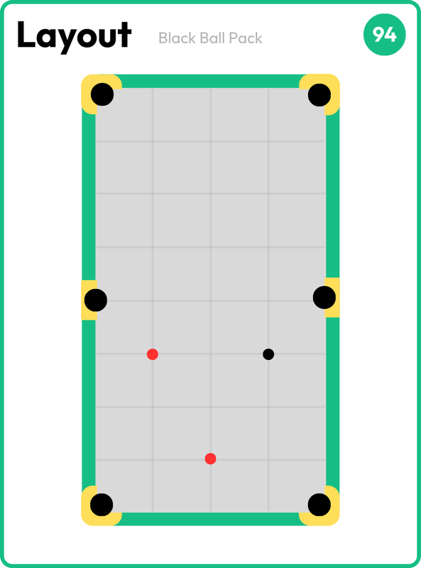 Layout card with an open three-ball spread including the black in the bottom half of the table