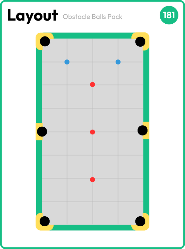 Layout card with three red balls on the centre line and two blue obstacle balls near the top of the table