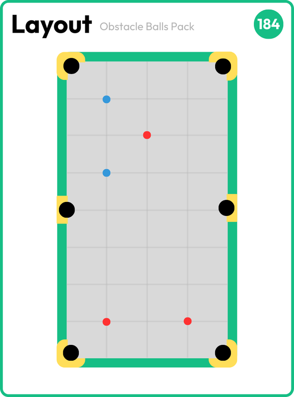 Layout card with two blue obstacle balls stacked on the left and three well-spread red balls